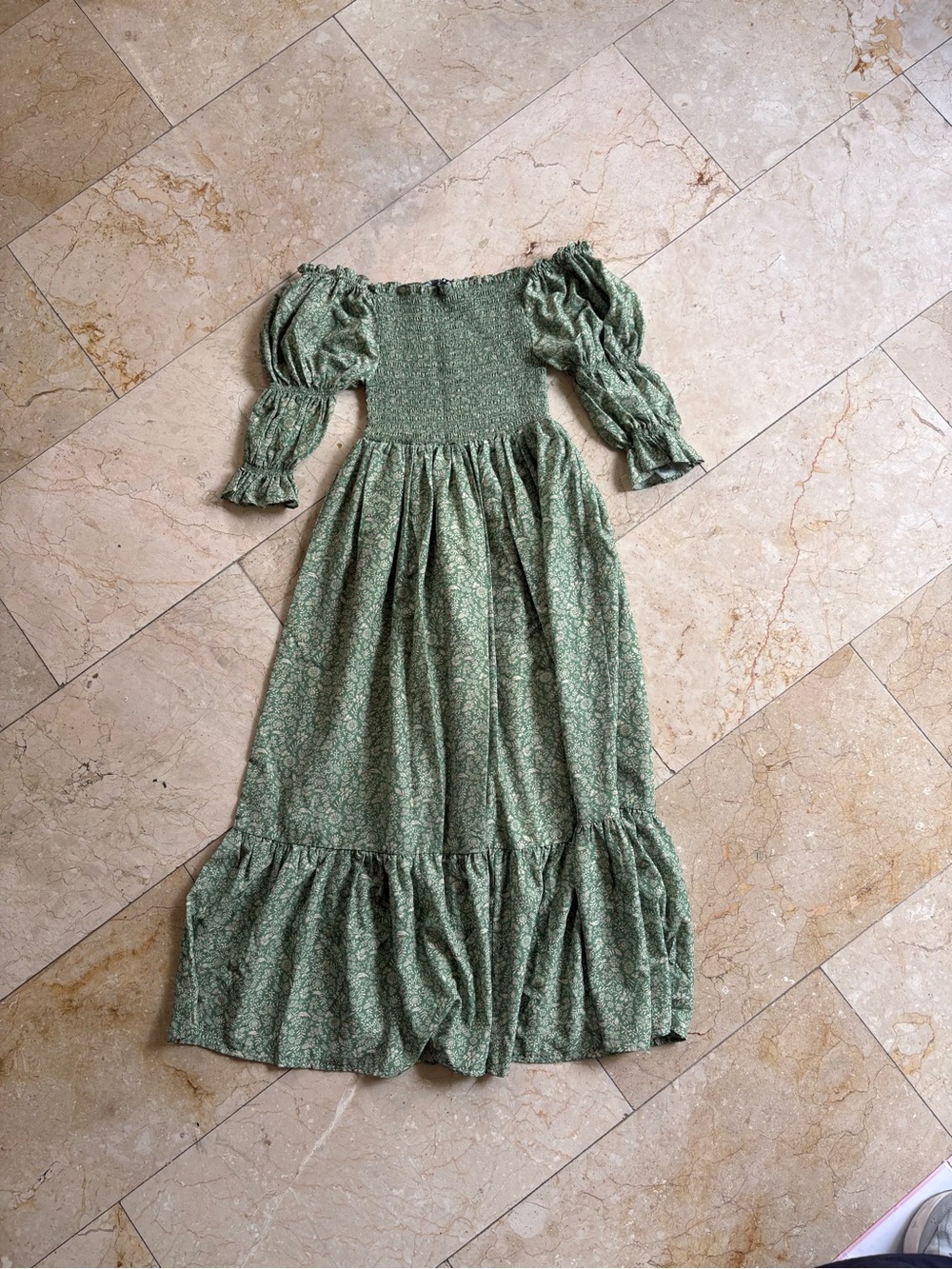 Caara Colette Smocked Puff-Sleeve Maxi Dress in Sage Green